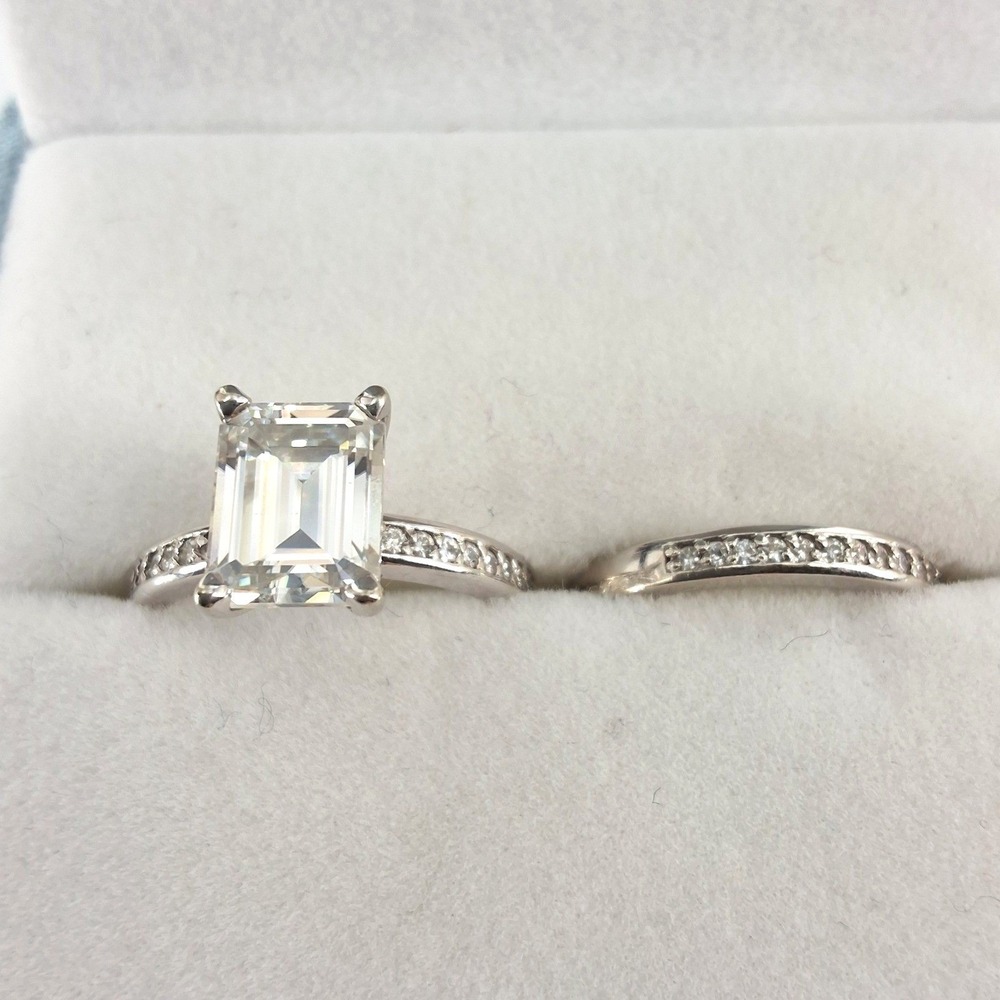 Authentic Charles & Colvard 14K White Gold Emerald Cut Moissanite Bridal Set 5.5